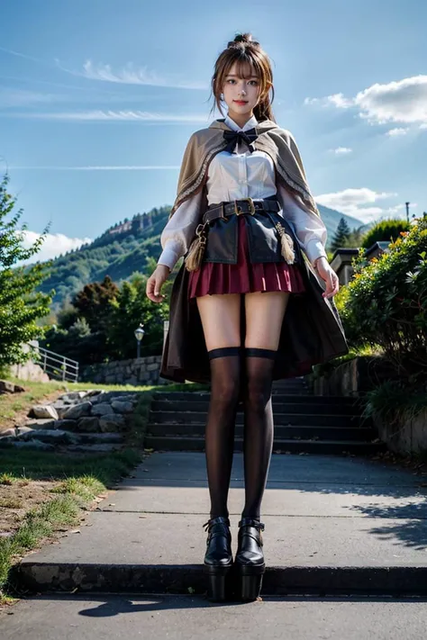 highly detailed, full body, ((1girl)), solo,  smile, blush, outdoors, day, simple background, blue sky, sky, temple, looking at viewer, stairs, mountain, moody lighting, facing viewer, full body view, 
aamumei, very long hair, ponytail, ahoge, multicolored hair, feather hair ornament, hairclip, white shirt, brown corset, dagger, belt, red skirt, thigh strap, single kneehigh, single thighhighs, brown cloak, cape, capelet, brown bow,
 <lora:nanashi_mumei_v1:1>
 <lora:add_detail:0.6>
 <lora:VietnameseDollLikeness:0.4>