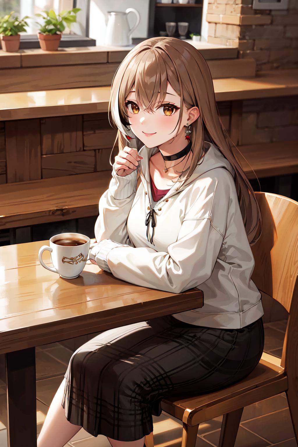 Anime girl sitting at a table with a cup of coffee - SeaArt AI