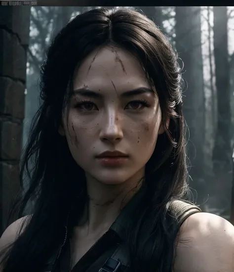 fully body photo of Kyedae1 woman, pale skin tone, long black hair, wearing tomb raider cosplay, fighting, extremely detailed, intricate detail, fine detail, careful detail, up close portrait, masterpiece, best quality, ultra-detailed <lora:Kyedaev5Lora:1.0>