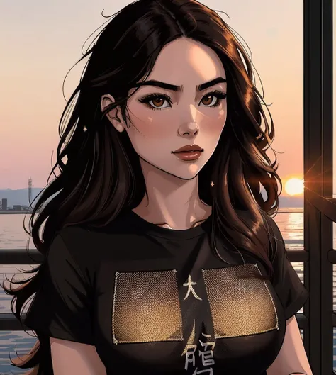 fully body photo of Kyedae1 woman, long brown hair, wearing a black t-shirt outdoors, in the sunset, extremely detailed, intricate detail, fine detail, careful detail, up close portrait, masterpiece, best quality, ultra-detailed<lora:Kyedaev1Lora:1.0>