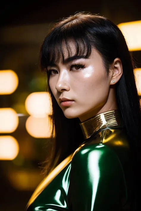 (closeup:1.0) photo of (Kyedae1 woman) as (young:1.0) woman, (oiled shiny skin:1.0), (tilted angle shot:1.0), (tilted head pose:1.0), (slick undercut:1.0) hair, (8k uhd:1.0), (best quality:1.0), (masterpiece:1.0), (sharp focus:1.0), (mono color backdrop:1.0), <lora:Kyedaev1Lora:1.0>