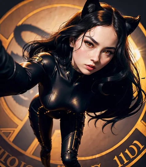 full body photo of Kyedae1 woman, pale skin tone, long black hair, wearing cat woman cosplay, fighting, extremely detailed, intricate detail, fine detail, careful detail, up close portrait, masterpiece, best quality, ultra-detailed<lora:Kyedaev5Lora:1.0>
