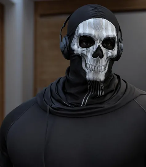 1boy age 40, male, big muscled, muscle pose, <lora:CODghosts:0.4>, skull mask, black, black hood,headphones, realistic, ultra quality, highly detailed