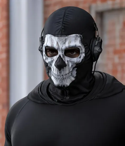 1boy age 40, male, <lora:CODghosts:0.85>, skull mask, black, black hood,headphones, realistic, ultra quality, highly detailed, clothing call of duty, ghost helmet,