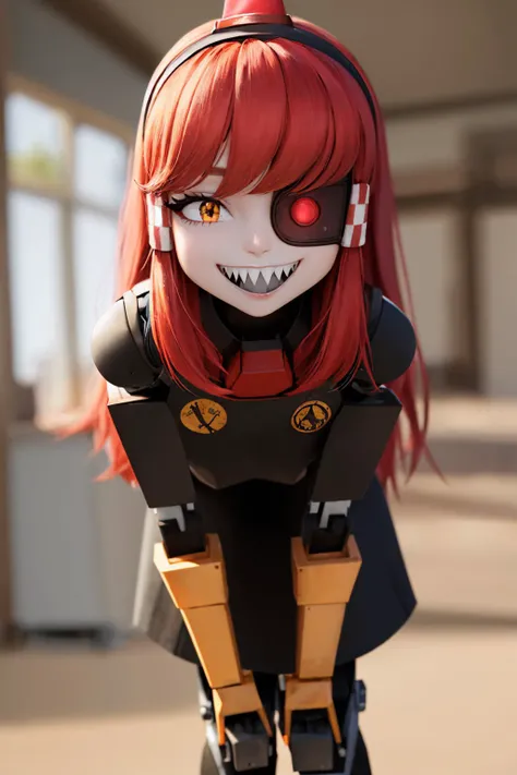 (masterpiece, best quality:1.2), solo, 1girl, mimi-sentry, robot, colored skin, white skin, sharp teeth, grin, looking at viewer, leaning forward, hands on own knees, eyepatch, black dress