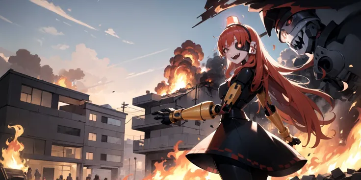 (masterpiece, best quality, high resolution,detailed:1.3),  <lora:chanthology_mimisentry:1.0>,  mimi-sentry, smiling, standing on front of burning building, from behind, colored skin, sharp teeth, open mouth, parted lips, detailed eyepatch, detailed black dress, robot, tilted head,