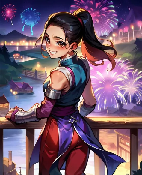 score_9,score_8_up,score_7_up,score_6_up,
LiMeixl,black hair,brown eyes,ponytail,dress,pelvic curtain, vest,detached sleeves,red pants,purple gauntlets, looking back at viewer, smiling, happy, blush, leaning, on railing, lake, fireworks, town, night time,
<lora:LiMeiMK1:.7> <lora:Smooth Anime 2 Style SDXL_LoRA_Pony Diffusion V6 XL:.8>