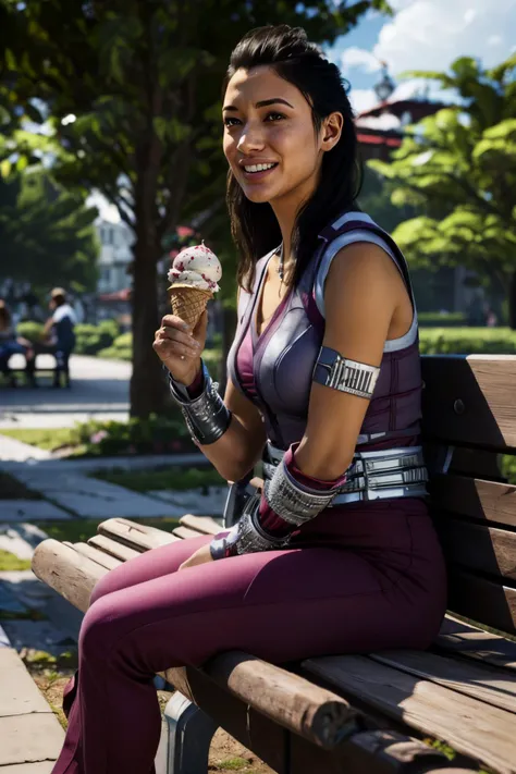 LiMei, brown eyes, purple dress, gauntlets, red pants, pelvic curtain, loin cloth, looking at viewer, smiling, laughing,
sitting, on bench, eating ice cream cone, strawberry ice cream, outside, park, trees, change season, summer to fall, overcast, playful ambiance, extreme detail, hdr, beautiful quality, <lora:LiMei:.7>