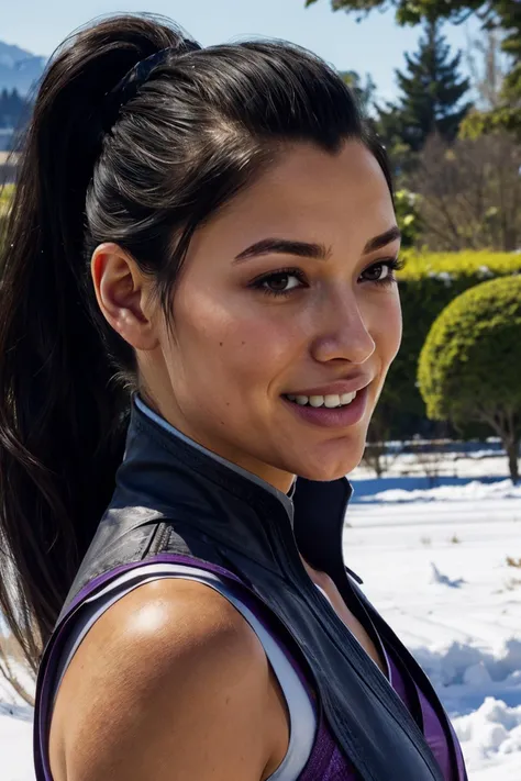 LiMei, black hair, ponytail, brown eyes, purple dress, vest, looking at viewer, smiling, close up, outside, field, snow, trees, blue sky, high quality, masterpiece, <lora:LiMeiMK1-10V9Alt:.7>