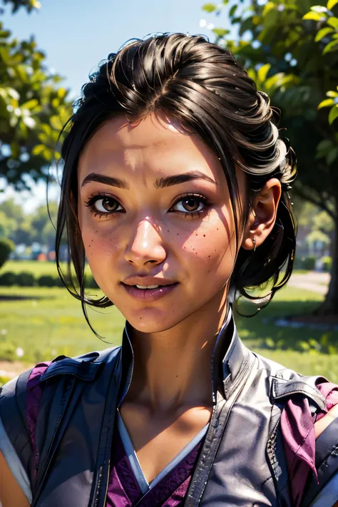 LiMei, black hair, brown eyes, purple dress, looking at viewer, smiling, portrait, outside, blue sky, extreme detail, masterpiece, beautiful quality, <lora:LiMeiMK1-10v2:.8>