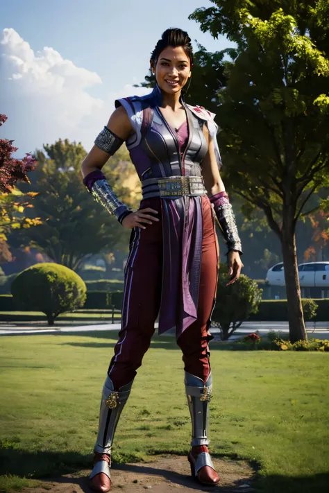 LiMei, brown eyes, purple dress, gauntlets, red pants, pelvic curtain, loin cloth, looking at viewer, smiling, 
standing, cute pose, outside, park, trees, change season, summer to fall, overcast, extreme detail, hdr, beautiful quality, analog,  <lora:LiMei:.8>