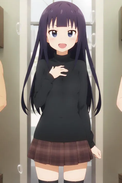 yamada, 1girl, solo, thighhighs, skirt, zettai_ryouiki, black_thighhighs, plaid_skirt, open_mouth, smile, plaid, sparkle, blush, hand_on_own_chest, turtleneck, sweater, bubble, long_sleeves, looking_at_viewer, pleated_skirt, :d, green_background, breasts, shirt, wings, miniskirt, standing
