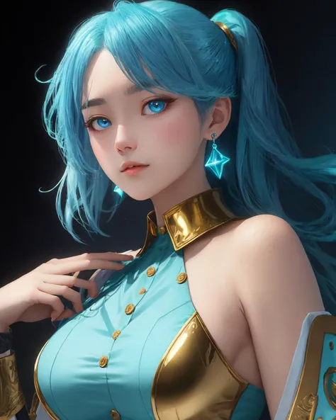 adult french milf woman with cyan blue hair, space bun haircut, gold T-shirt, cyan blue croppet jacked,big  breast,white latex trousers, gold belt blue eyes, standing 