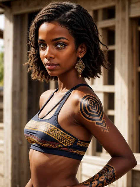 1girl, very short hair, brown hair, yellow eyes, village, tribal, tribal tattoo, crop top, feather hair ornament,
masterpiece, best quality, intricate, realistic, photorealistic,
<lora:racial-chang-slider:1> <lora:add_detail:0.35>