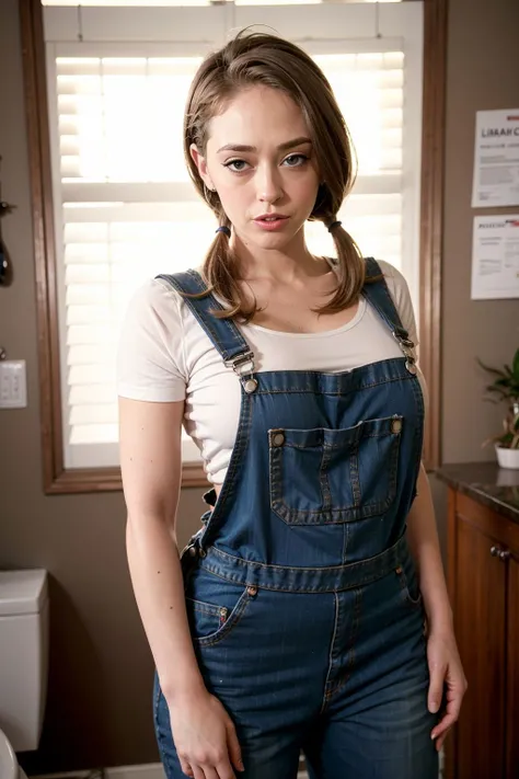 arafed woman in a denim jumpsuit leaning against a column, wearing overalls, wearing blue jean overalls, blue overalls, overalls, torn overalls, mary elizabeth winstead, wearing dirty overalls, julia sarda, artist wearing overalls, artist wearing torn overalls, wearing a straw hat and overalls, ashley greene, double denim, topless