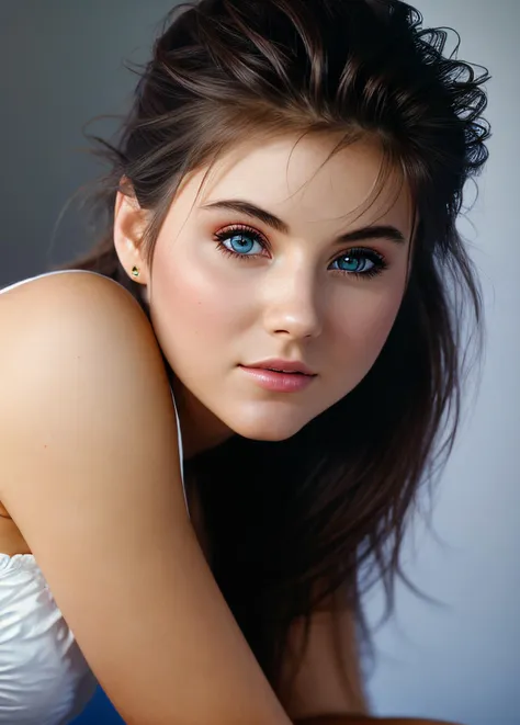 a close up of a woman with blue eyes posing for a picture