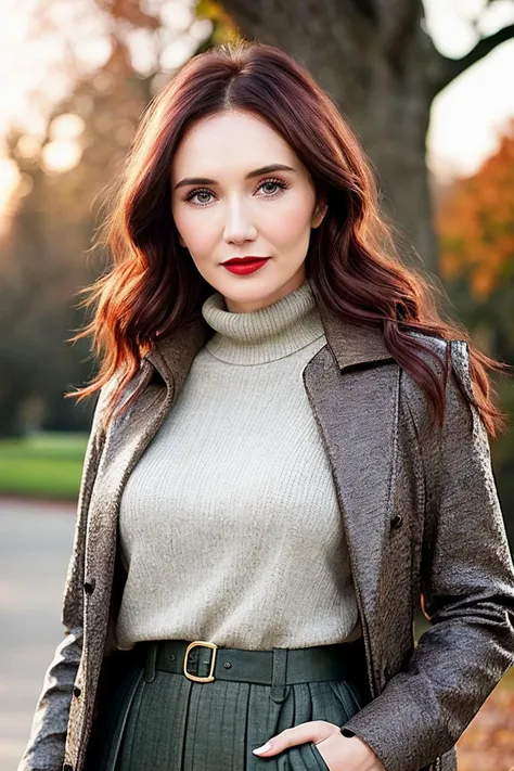 beautiful woman (hhunt:.99), perfect waist, closeup portrait, realistic, (detailed:1.15),(film grain, skin details, 4k:1), sick, Dappled Light, analog style (look at the viewer), (skin texture), (film grain), (hyper-realistic texture skin:1.3), cinematic light, sidelighting, ultra high res, best shadow, RAW, beautiful hair, designer jacket, fashionable skirt, turtleneck shirt, winter city park, professional model photoshoot, hdr, sunset, (red lips)