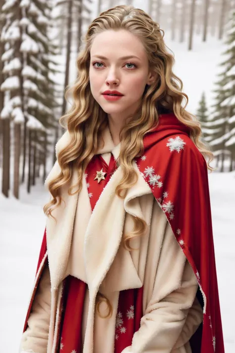 (best quality, masterpiece:1.2), (ultra highres),(realistic),((cowboy shot)), amanda_seyfried, ((1 girl, blonde hair, wavy hair)), ((forest, winter, snow)), (red cape, red hood), <lora:amanda_seyfried:0.7>