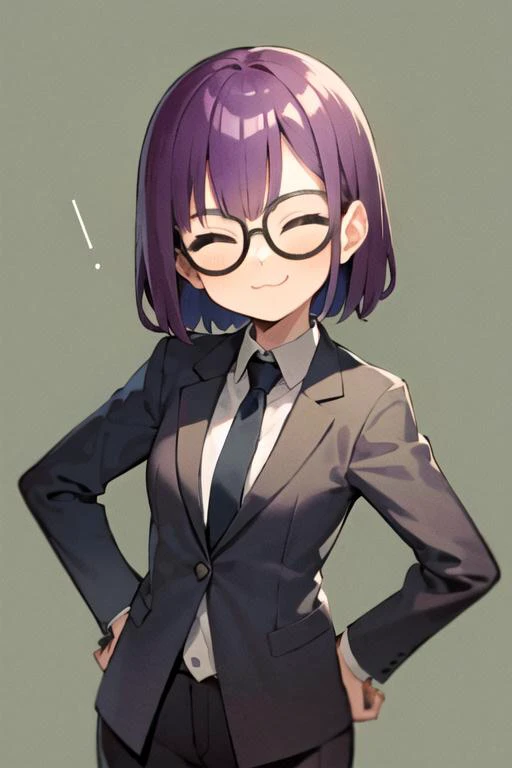 lucca, 1girl, solo, spy, purple hair, sunglasses, hands on hips, smile, closed eyes, upper body, smug, =3, tuxedo, simple background <lora:lucca-000021:0.8>