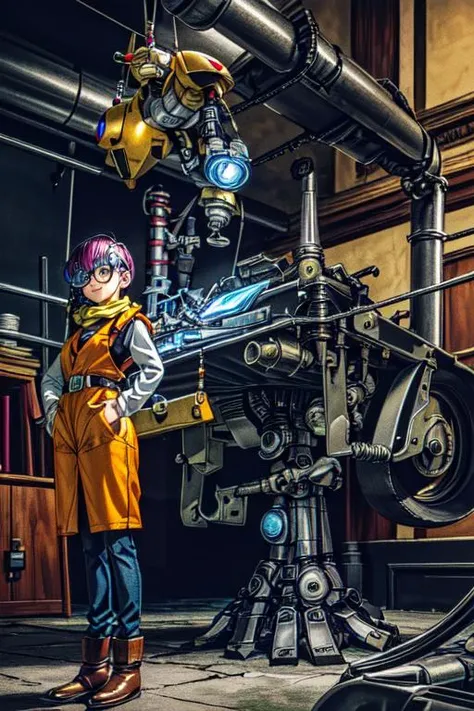 (masterpiece, best quality, highres, absurdres, ultra-detailed:1.3), 1girl, solo, <lora:lucca:0.75>(lucca, purple hair, short hair, helmet, glasses, standing, yellow scarf, vest, smile), (mechanic, science, repair, robot android toy:1.4), <lora:toriyama_akira_3:0.4>toriyama akira, <lora:add_detail_v1:0.9> <lora:LowRA:0.75>