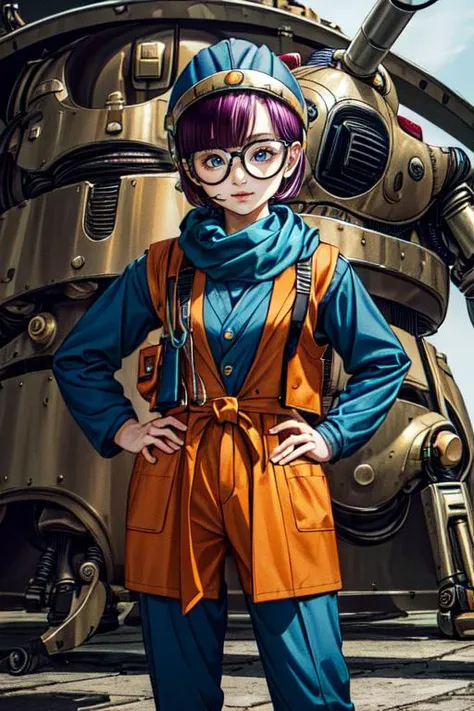 (masterpiece, best quality, highres, absurdres, ultra-detailed:1.3), 1girl, solo, <lora:lucca:0.75>(lucca, purple hair, short hair, helmet, glasses, standing, yellow scarf, vest, cowboy shot), (mechanic, science, repair, robot android toy:1.4), <lora:toriyama_akira_3:0.4>toriyama akira, <lora:add_detail_v1:0.7> <lora:LowRA:0.45>