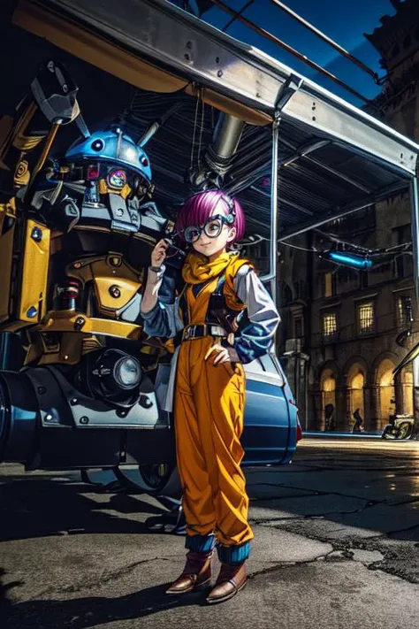 (masterpiece, best quality, highres, absurdres, ultra-detailed:1.3), 1girl, solo, <lora:lucca:0.75>(lucca, purple hair, short hair, helmet, glasses, standing, yellow scarf, vest, smile), (mechanic, science, repair, robot android toy:1.4), <lora:toriyama_akira_3:0.4>toriyama akira, <lora:add_detail_v1:0.9> <lora:LowRA:0.75>
