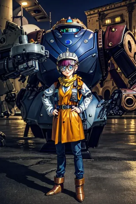(masterpiece, best quality, highres, absurdres, ultra-detailed:1.3), 1girl, solo, <lora:lucca:0.75>(lucca, purple hair, short hair, helmet, glasses, standing, yellow scarf, vest, smile), (mechanic, science, repair, robot android toy:1.4), <lora:toriyama_akira_3:0.4>toriyama akira, <lora:add_detail_v1:0.9> <lora:LowRA:0.75>