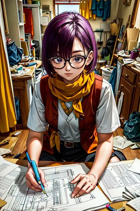 (masterpiece, best quality, highres, absurdres, ultra-detailed:1.3), 1girl, solo, <lora:lucca:0.6>(lucca, purple hair, short hair, glasses, yellow scarf, vest), (indoors, sitting, Messy Painted Body), <lora:toriyama_akira_3:0.4>toriyama akira, <lora:add_detail_v1:0.7> , <lora:messyroom:0.75>(messy room, paper, blueprints)