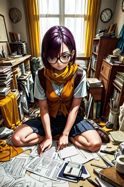 (masterpiece, best quality, highres, absurdres, ultra-detailed:1.3), 1girl, solo, <lora:lucca:0.6>(lucca, purple hair, short hair, glasses, yellow scarf, vest), (indoors, sitting, Messy Painted Body), <lora:toriyama_akira_3:0.4>toriyama akira, <lora:add_detail_v1:0.7> , <lora:messyroom:0.75>(messy room, paper, blueprints)