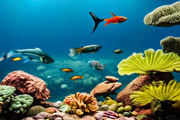 a lot of beautiful fish, hyperrealism, high detailed background, 8k uhd, dslr, soft lighting, high quality, Fujifilm XT3, HD, Sharp, film grain, polaroid style, transparent water, masterpiece, small plants in background, in the ocean, sunlight from top, rocks on bottom, air bubbles, depth of field,<lora:D14bl02(1)CIVIT:1.0>