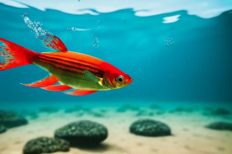 a lot of beautiful fish, hyperrealism, high detailed background, 8k uhd, dslr, soft lighting, high quality, Fujifilm XT3, HD, Sharp, film grain, polaroid style, transparent water, masterpiece, small plants in background, in the ocean, sunlight from top, rocks on bottom, air bubbles, depth of field,<lora:detailed_eye-10:1.0>