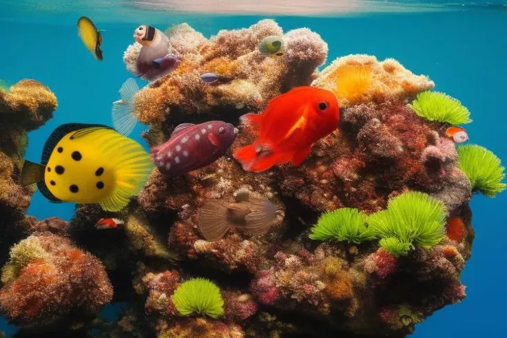 a lot of beautiful fish, hyperrealism, high detailed background, 8k uhd, dslr, soft lighting, high quality, Fujifilm XT3, HD, Sharp, film grain, polaroid style, transparent water, masterpiece, small plants in background, in the ocean, sunlight from top, rocks on bottom, air bubbles, depth of field,<lora:clearswimsuit:1.0>