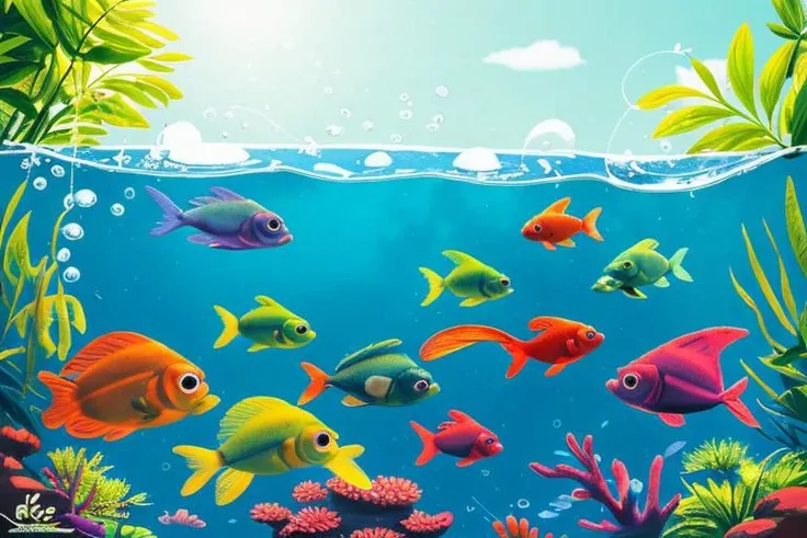 a lot of beautiful fish, hyperrealism, high detailed background, 8k uhd, dslr, soft lighting, high quality, Fujifilm XT3, HD, Sharp, film grain, polaroid style, transparent water, masterpiece, small plants in background, in the ocean, sunlight from top, rocks on bottom, air bubbles, depth of field,<lora:COOLKIDS_MERGE_V2.5:1.0>