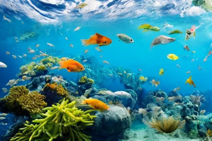 a lot of beautiful fish,hyperrealism, highly detailed background, 8k uhd, dslr, soft lighting, high quality,, Fujifilm XT3, HD, Sharp, film grain, polaroid style, transparent water, masterpiece, small plants in background, in the ocean, sunlight from top, rocks on bottom, air bubbles, depth of field,<lora:add_detail:1.0>