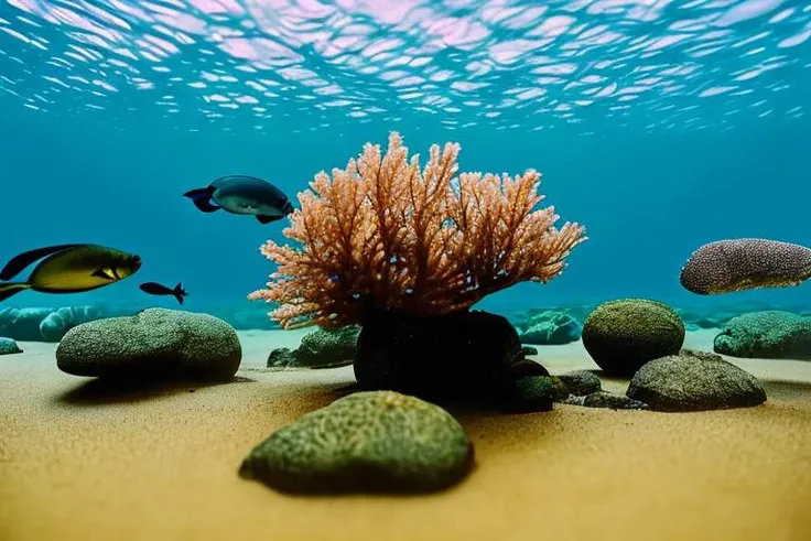 a lot of beautiful fish, hyperrealism, high detailed background, 8k uhd, dslr, soft lighting, high quality, Fujifilm XT3, HD, Sharp, film grain, polaroid style, transparent water, masterpiece, small plants in background, in the ocean, sunlight from top, rocks on bottom, air bubbles, depth of field,<lora:detailed_eye-10:1.0>