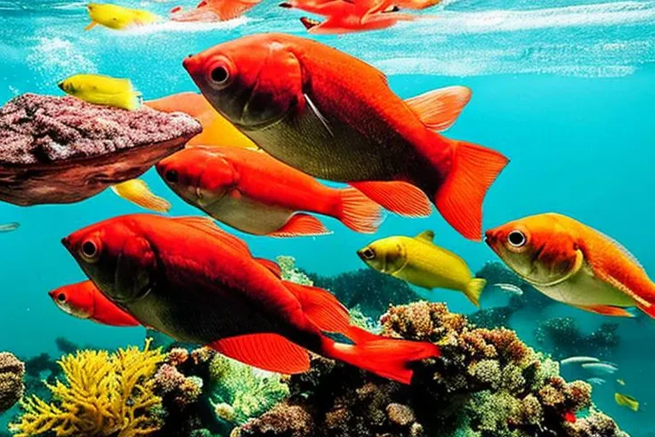 a lot of beautiful fishes, hyperrealism, high detailed background, 8k uhd, dslr, soft lighting, high quality, Fujifilm XT3, HD, Sharp, film grain, polaroid style, transparent water, masterpiece, small plants in background, in the ocean, sunlight from top, rocks on bottom, air bubbles, depth of field,<lora:blueprint:1.0>