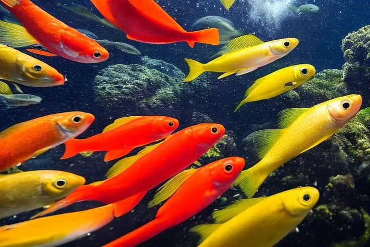 a lot of beautiful fishes, hyperrealism, high detailed background, 8k uhd, dslr, soft lighting, high quality, Fujifilm XT3, HD, Sharp, film grain, polaroid style, transparent water, masterpiece, small plants in background, in the ocean, sunlight from top, rocks on bottom, air bubbles, depth of field,<lora:ARWSlumInterior:1.0>