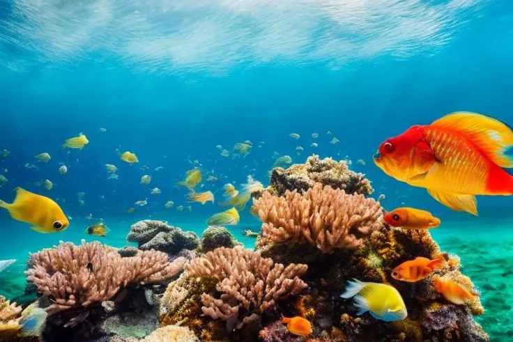a lot of beautiful fish,hyperrealism, highly detailed background, 8k uhd, dslr, soft lighting, high quality,, Fujifilm XT3, HD, Sharp, film grain, polaroid style, transparent water, masterpiece, small plants in background, in the ocean, sunlight from top, rocks on bottom, air bubbles, depth of field,<lora:add_detail:1.0>