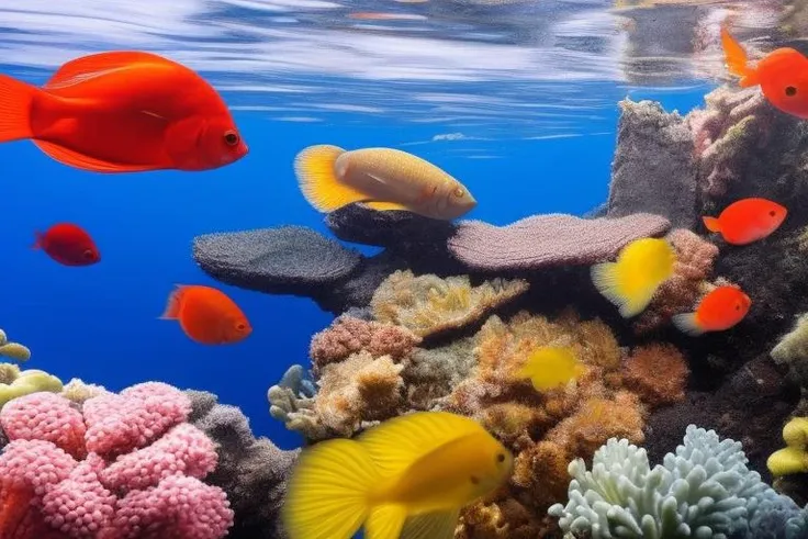a lot of beautiful fish, hyperrealism, high detailed background, 8k uhd, dslr, soft lighting, high quality, Fujifilm XT3, HD, Sharp, film grain, polaroid style, transparent water, masterpiece, small plants in background, in the ocean, sunlight from top, rocks on bottom, air bubbles, depth of field,<lora:clearswimsuit:1.0>