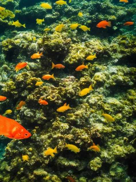 (a lot of beautiful fish:1.3),hyperrealism, highly detailed background, 8k uhd, dslr, soft lighting, high quality, film grain, Fujifilm XT3, HD, Sharp, film grain, polaroid style, transparent water, masterpiece, small plants in background, in the ocean, sunlight from top, rocks on bottom, (depth of field:1.3),(underwater:0.7), color wash, bokeh, (center photo subject:1.2), (symmetrical composition:1.2), dust in the water