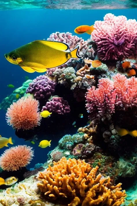 a lot of beautiful fish,hyperrealism, highly detailed background, 8k uhd, dslr, soft lighting, high quality, film grain, Fujifilm XT3, HD, Sharp, film grain, polaroid style, transparent water, masterpiece, small plants in background, in the ocean, sunlight from top, rocks on bottom, air bubbles, depth of field,