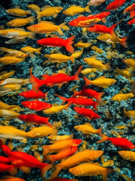 (a lot of beautiful fish:1.3),hyperrealism, highly detailed background, 8k uhd, dslr, soft lighting, high quality, film grain, Fujifilm XT3, HD, Sharp, film grain, polaroid style, transparent water, masterpiece, small plants in background, in the ocean, sunlight from top, rocks on bottom, air bubbles, (depth of field:1.2),(underwater:0.7), color wash, bokeh, (center photo subject:1.2), (symmetrical composition:1.2), macro