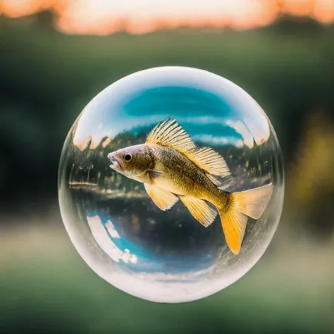 bubble, masterpiece, best quality, <lora:Bubble_Sora:0.8>, a beautiful fish, hyperrealism, , 8k uhd, dslr, soft lighting, high quality, film grain, Fujifilm XT3, HD, Sharp, film grain, polaroid style, transparent water, masterpiece, in a bubble, air bubbles, (depth of field:1.2),(underwater:0.7), color wash, bokeh