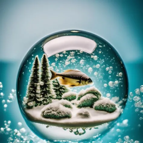 masterpiece, best quality, <lora:snow_globe:1> with multiple fish, teeth, hyperrealism, , 8k uhd, dslr, soft lighting, high quality, film grain, Fujifilm XT3, HD, Sharp, film grain, polaroid style, transparent water, masterpiece, in a bubble, air bubbles, (depth of field:1.2),(underwater:0.7), color wash, bokeh