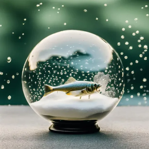 masterpiece, best quality, <lora:snow_globe:1> a decorative fish, teeth, hyperrealism, , 8k uhd, dslr, soft lighting, high quality, film grain, Fujifilm XT3, HD, Sharp, film grain, polaroid style, transparent water, masterpiece, in a bubble, air bubbles, (depth of field:1.2),(underwater:0.7), color wash, bokeh