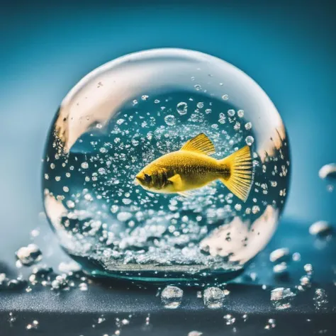 masterpiece, best quality, <lora:snow_globe:1> with multiple fish, teeth, hyperrealism, , 8k uhd, dslr, soft lighting, high quality, film grain, Fujifilm XT3, HD, Sharp, film grain, polaroid style, transparent water, masterpiece, in a bubble, air bubbles, (depth of field:1.2),(underwater:0.7), color wash, bokeh