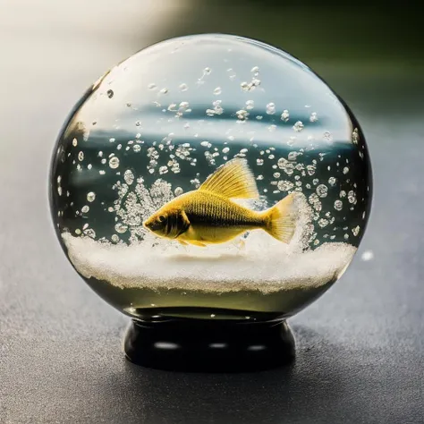 masterpiece, best quality, <lora:snow_globe:1> with multiple fish, teeth, hyperrealism, , 8k uhd, dslr, soft lighting, high quality, film grain, Fujifilm XT3, HD, Sharp, film grain, polaroid style, transparent water, masterpiece, in a bubble, air bubbles, (depth of field:1.2),(underwater:0.7), color wash, bokeh