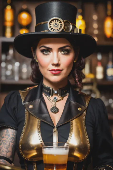 Imagine Laurence Bedard, with her radiant eyes, dressed in a sleek, black mesh dress that flows with her every move. The steampunk boots add that touch of rugged elegance, and the detailed gears and cogs in the background create a perfect contrast, all in stunning 4K resolution.