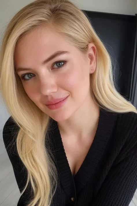 instagram photo, closeup face photo in black sweater, cleavage, pale skin, blonde hair, (smile:0.4), hard shadows <lora:KateUpton-RealVision-V1.0:1>