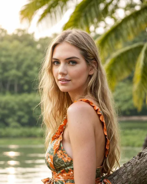 gorgeous female, sitting in the lake, paradise, jungle in background, tropical, attractive, flirting, looking at viewer, portrait, photography, detailed skin, realistic, photo-realistic, 8k, highly detailed, full length frame, high detail raw color art, diffused soft lighting, sharp focus, hyperrealism, cinematic lighting